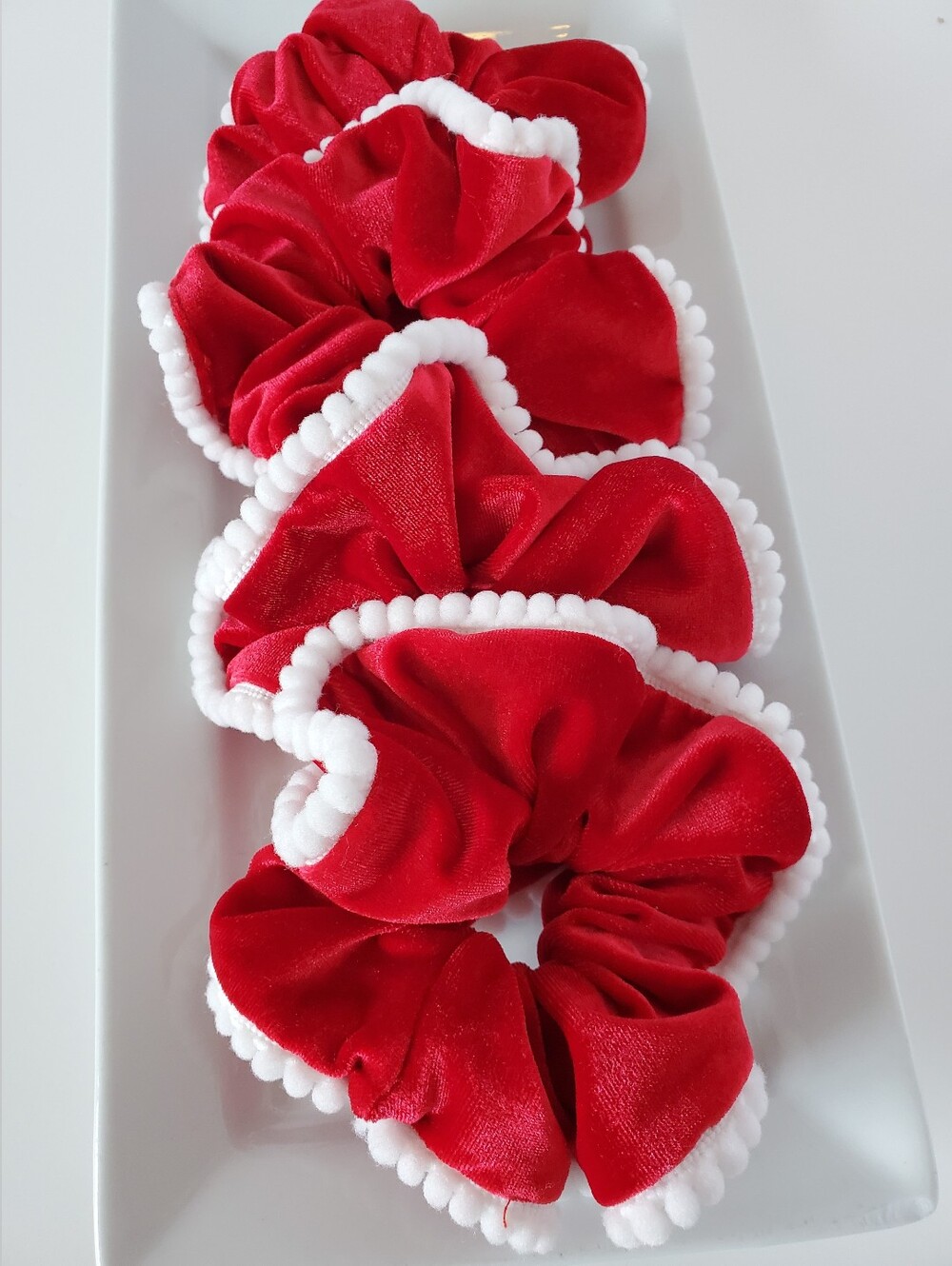 Handmade Mrs. Claus Red Velvet Pom-Pom  Christmas Hair Scrunchies- Hair Tie OS